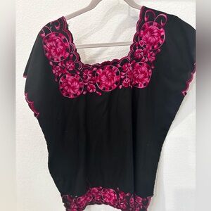 Black and Pink Embroidered Women's Top